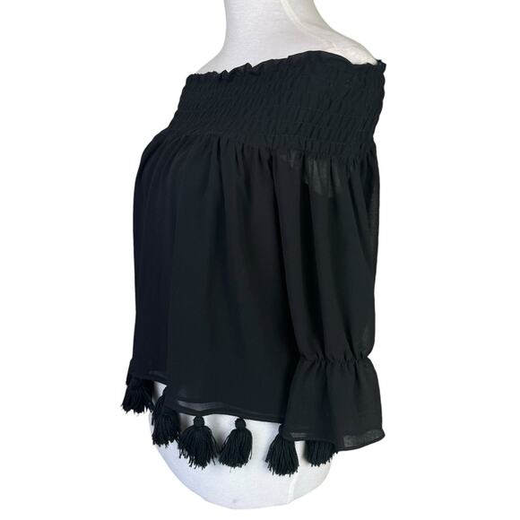 MISA Los Angeles Fontaine Black Off the Shoulder Pom Pom Tassel 3/4 Sleeve Top - Picture 7 of 11